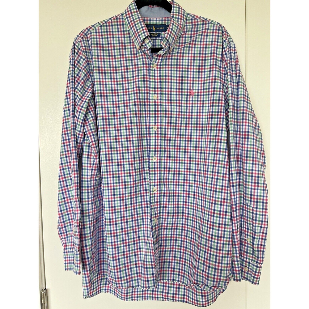 Polo Ralph Lauren Men’s M Pink Green Gingham Stretch Logo Pony Button Down Shirt